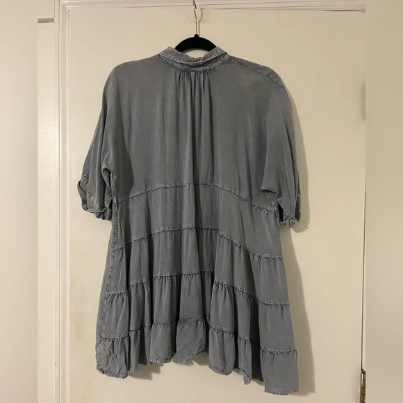 Solitaire Top Women's small  Blue Denim Embroidery Boho Peasant Hi Lo Hem (J124) - Picture 6 of 8